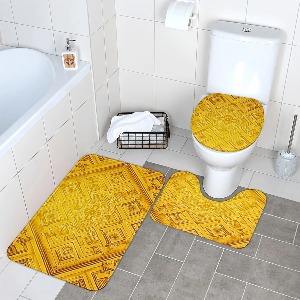 3‑Pieces Golden Bohemian Bathroom Mat Set, Decor Rug Kit With Toilet Lid Cover & U‑Shaped Mat, Vintage Stylish Home