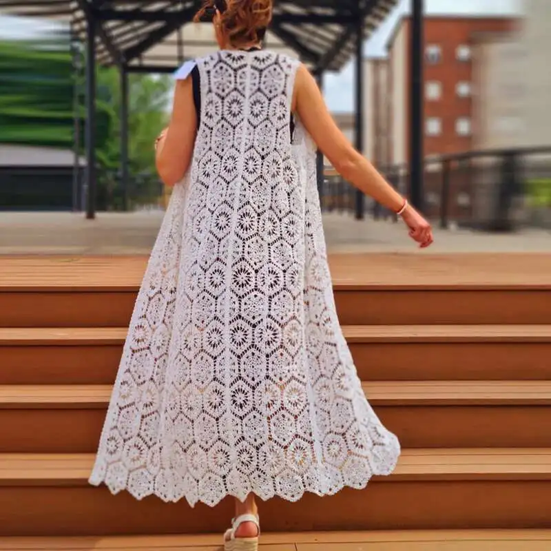 

Свободная однобортная верхняя одежда без рукавов, женская повседневная уличная одежда для отдыха, модные вязаные длинные кардиганы с крючками и цветами