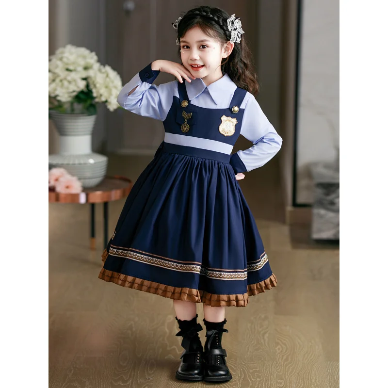 

A.Girls Autumn New Style Rabbit Police Officer Fashionable Fake Two-Piece Princess Dress