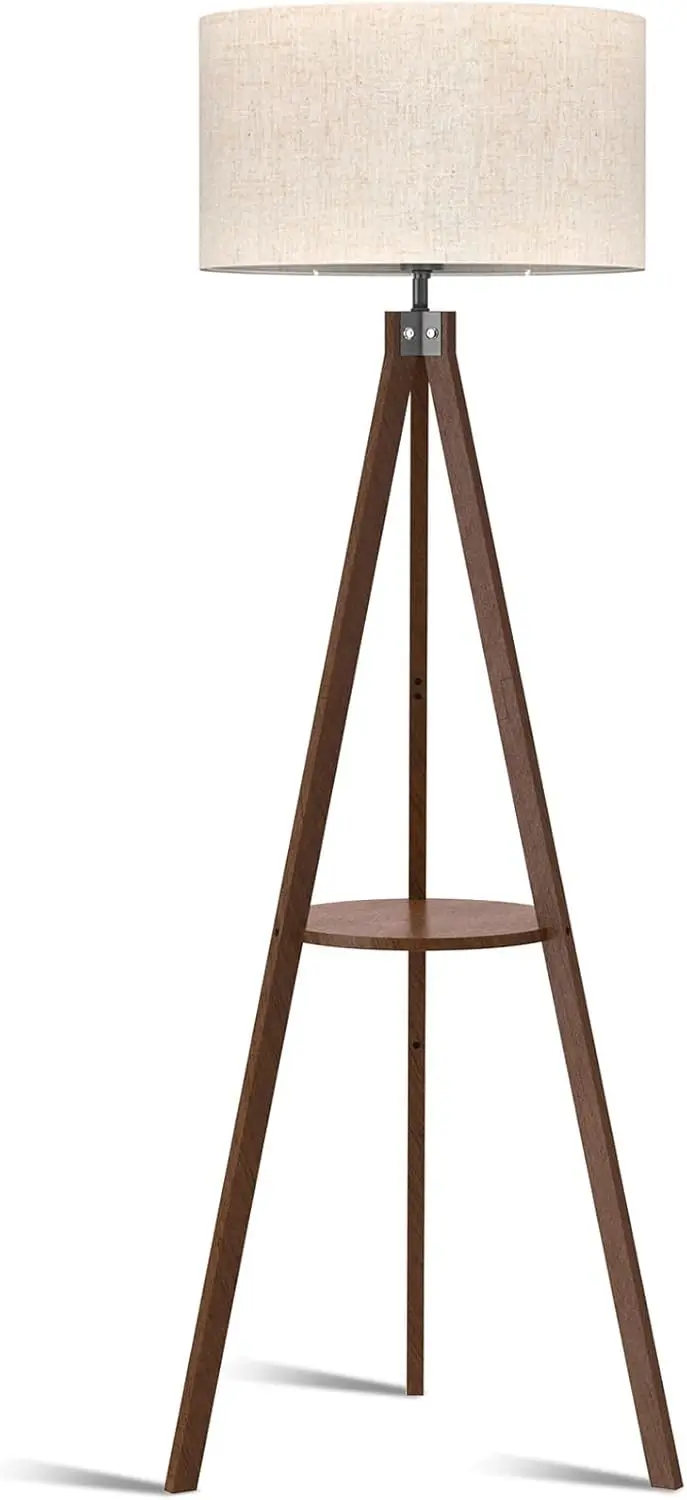 Tripod Floor Lamp, Mid Century Wood Standing Lamp, Modern Design Shelf Floor Lamp for Living Room, Bedroom, Office