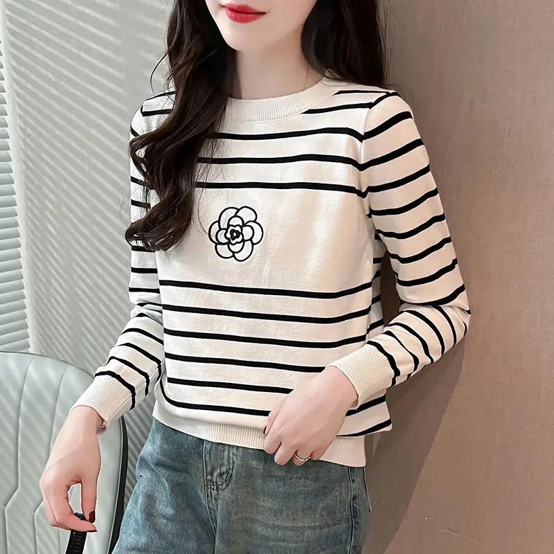 Screw Thread Flower Striped Round Neck Women's Clothing Pullover Lantern Long Sleeve Sweater Knitted Elegant Autumn Winter Tops