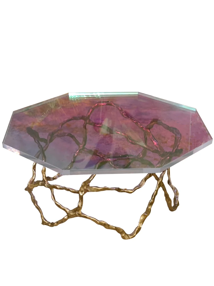 Light luxury simple modern dazzling acrylic transparent tea table pure copper carving art creative living room home tea table