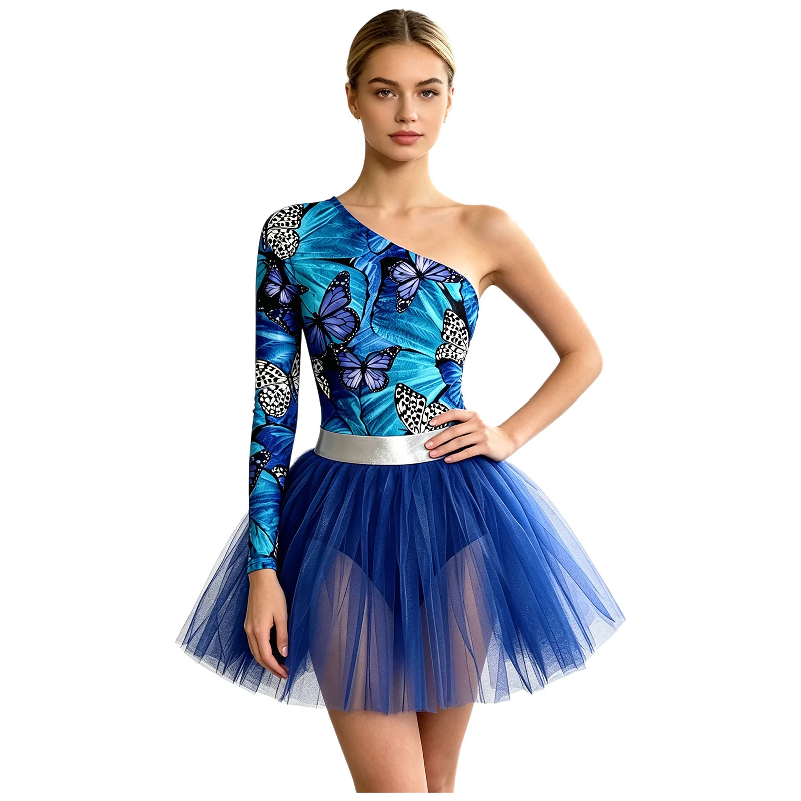 Women Long Sleeve Dance Leotard Tulle Dress Caveman Cosplay Dress Up Halloween Costumes One Shoulder Metallic Waist Bodysuit