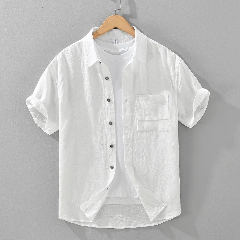 

Лето 2025 г., свежая жаккардовая клетчатая рубашка из лиоцелла в японском стиле с короткими рукавами для мужчин, модный свободный топ для художественного отдыха