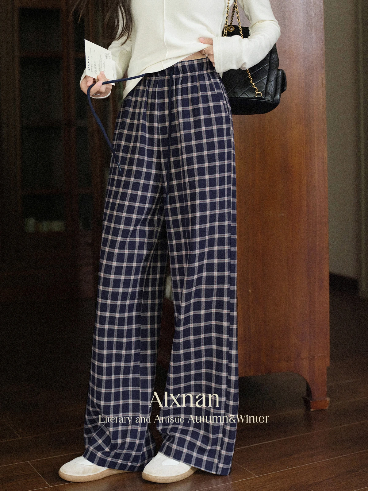 

ALXNAN Navy Blue Plaid Pants Women's Casual High-waist Wide-leg Cotton Baggy Pants 2025 Autumn New Long Elegant Trousers L56999