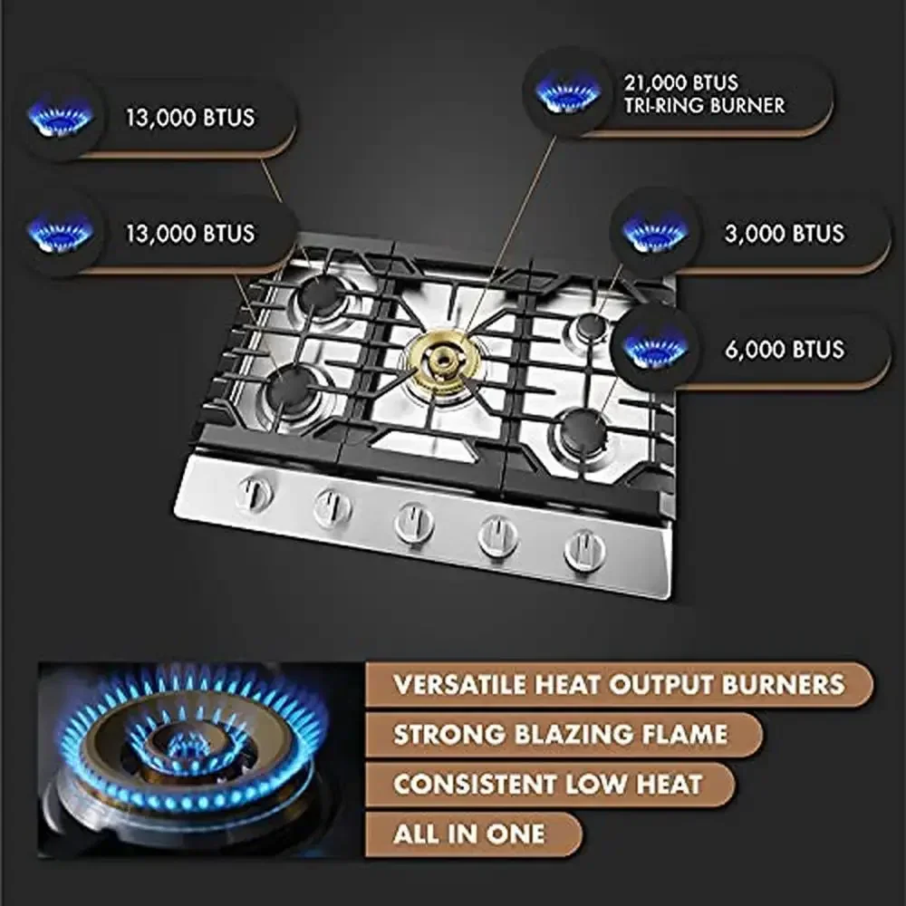 Stainless Steel 5-Burner Gas Cooktop Tri-Ring Center Burner Flame Failure Protection