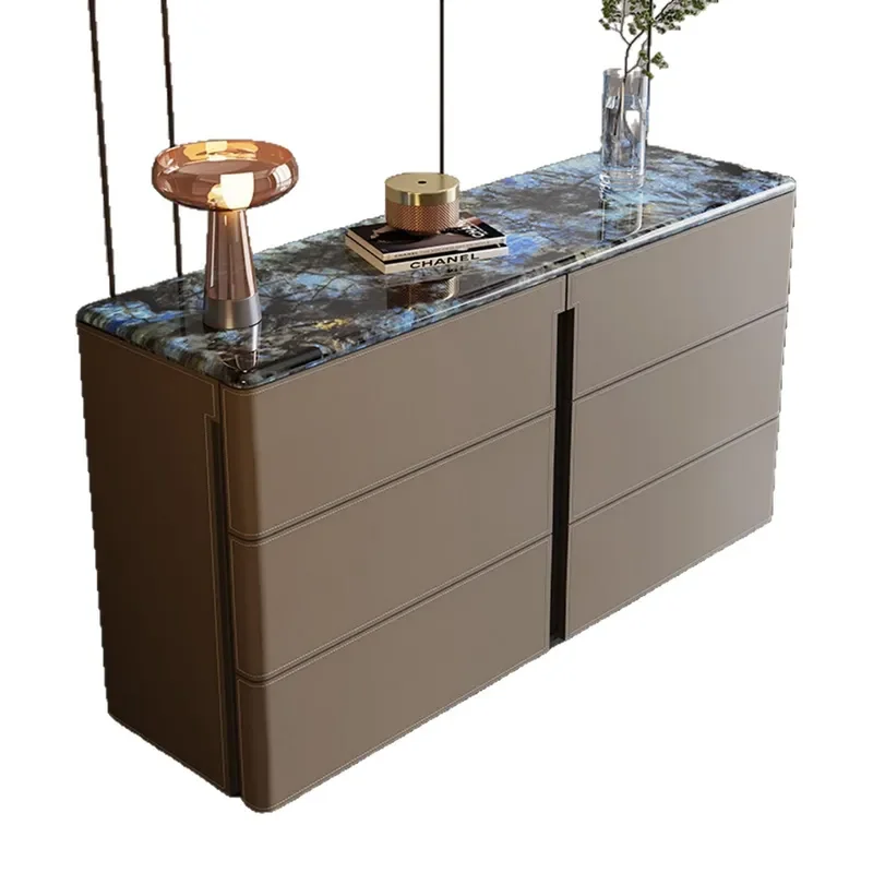 Marble Sideboard Cabinet with Saddle Leather Storage Console Table for Living Room Bedroom TV Stand Modern Luxury Entryway