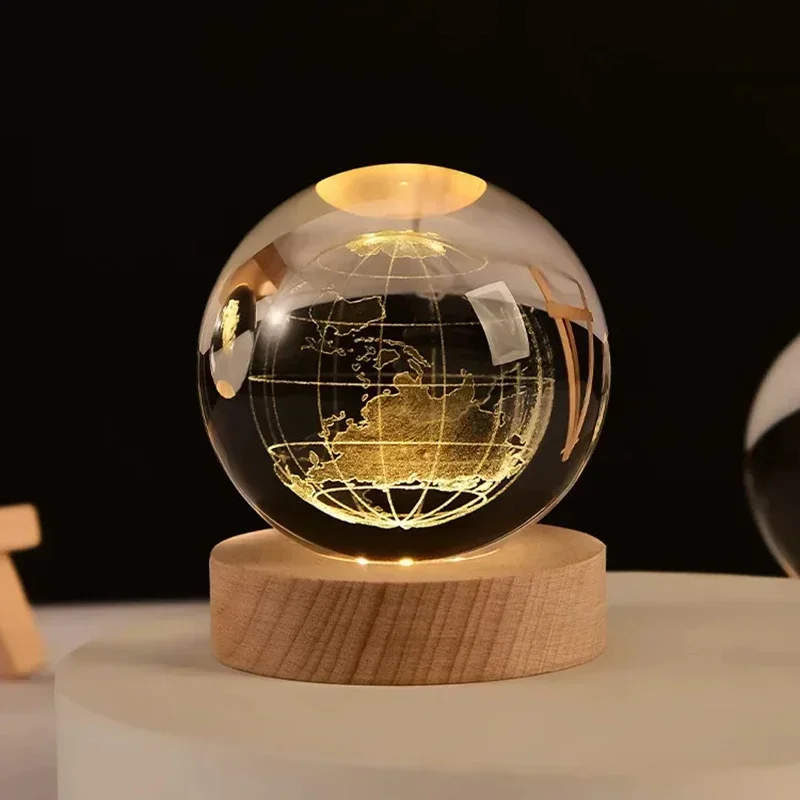 Magic Little Prince Solar System Crystal Ball 6cm USB Powered LED Night Light with Wooden Display Stand Base