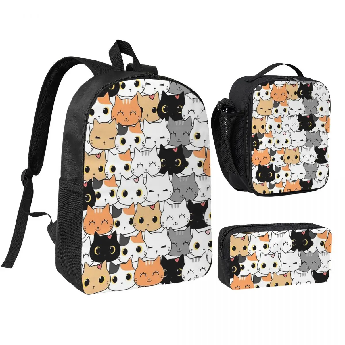 Cute Kitten Cat Cartoon Pattern Backpack Boys Girls BookBag School Bag Shoulder Bags 3ps Insulated Lunch Bag Pencil Case