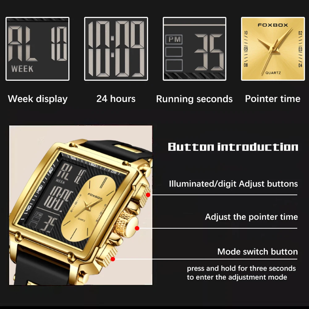 LIGE Fashion Square Digital Watch Men Casual Sports Waterproof Men's Quartz Wristwatch FOXBOX Top Brand Luxury Chronograph Watch