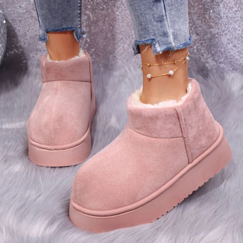 

Pink Faux Suede Winter Boots Women Korean Round Toe Platform Boots of Snow Woman Soft Long Plush Warm Cotton Shoes Mujer