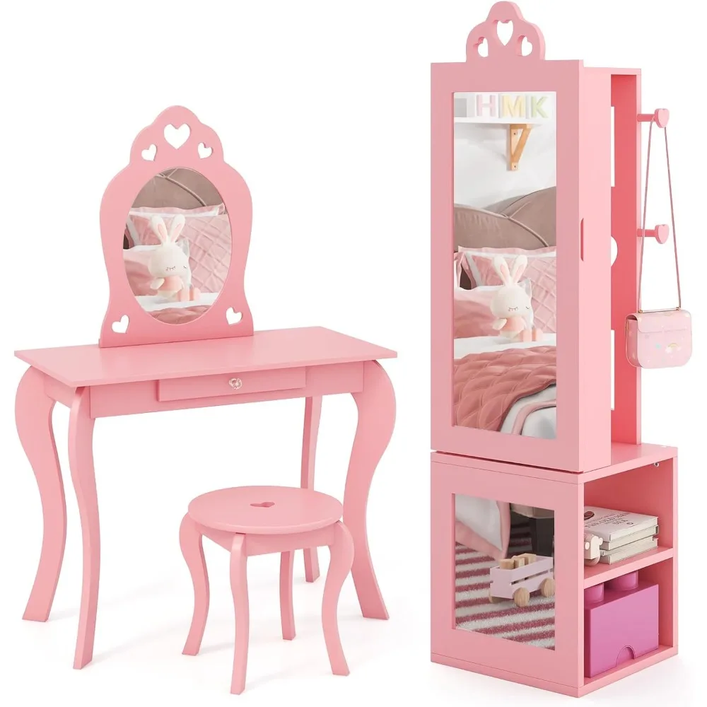 Kids Vanity & Jewelry Armoire Cabinet,  Vanity Table and Chair Set，with Full-Length Mirror