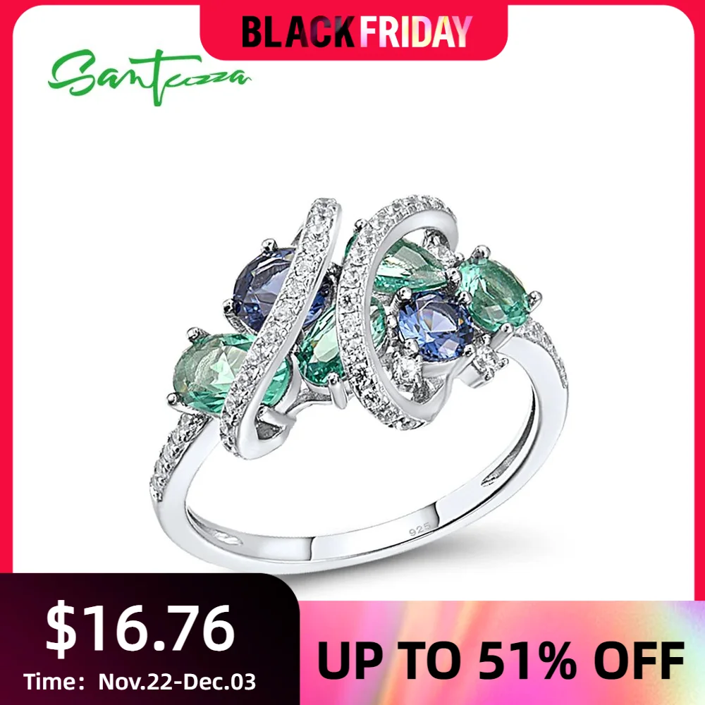 SANTUZZA 925 Sterling Silver Rings For Women Green Blue Spinel White CZ Gemstone Original anillos Wedding Gifts Fine Jewelry