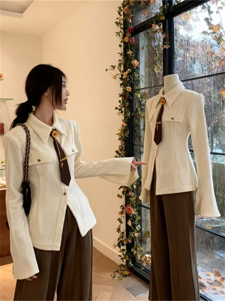 

Retro Waist-Cinching irt Ele Preppy Sle Long Sve Women's Spring Faion Trend Korean Version Sun Protection Casual...