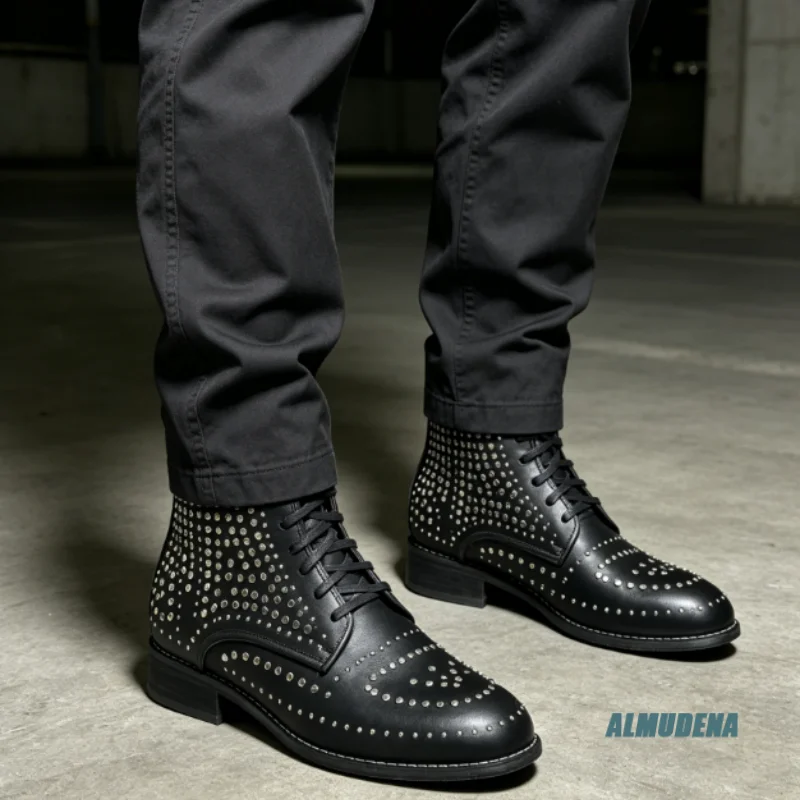 Black Round Toe Lace Up Low Block Heel Ankle Combat Boots with Rivet Men Punk Outdoor Autumn Winter Trendy Party Casual Shoes