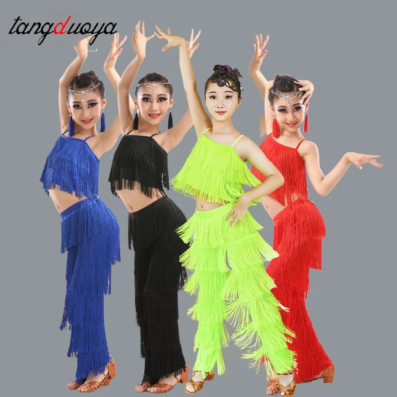 

Детский брючный костюм для латинских танцев, бальные костюмы больших размеров, платье с бахромой и кисточками, брюки для девочек, сальса, самба, детская сценическая одежда, костюм