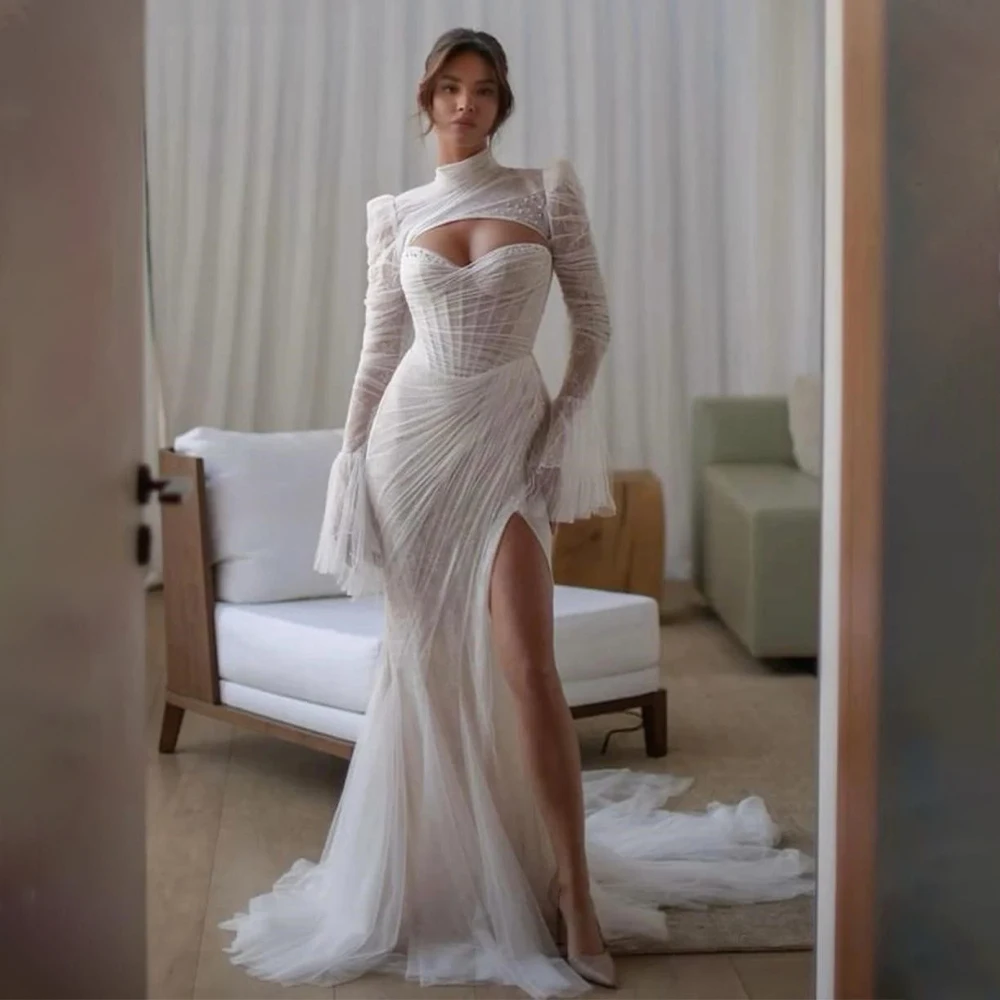 Maßgeschneidertes romantisches Hochzeitskleid mit Stehkragen und seitlichem Schlitz, Spitzenkorsettkleid für die Braut, bodenlanges Meerjungfrau-Brautkleid für Frauen