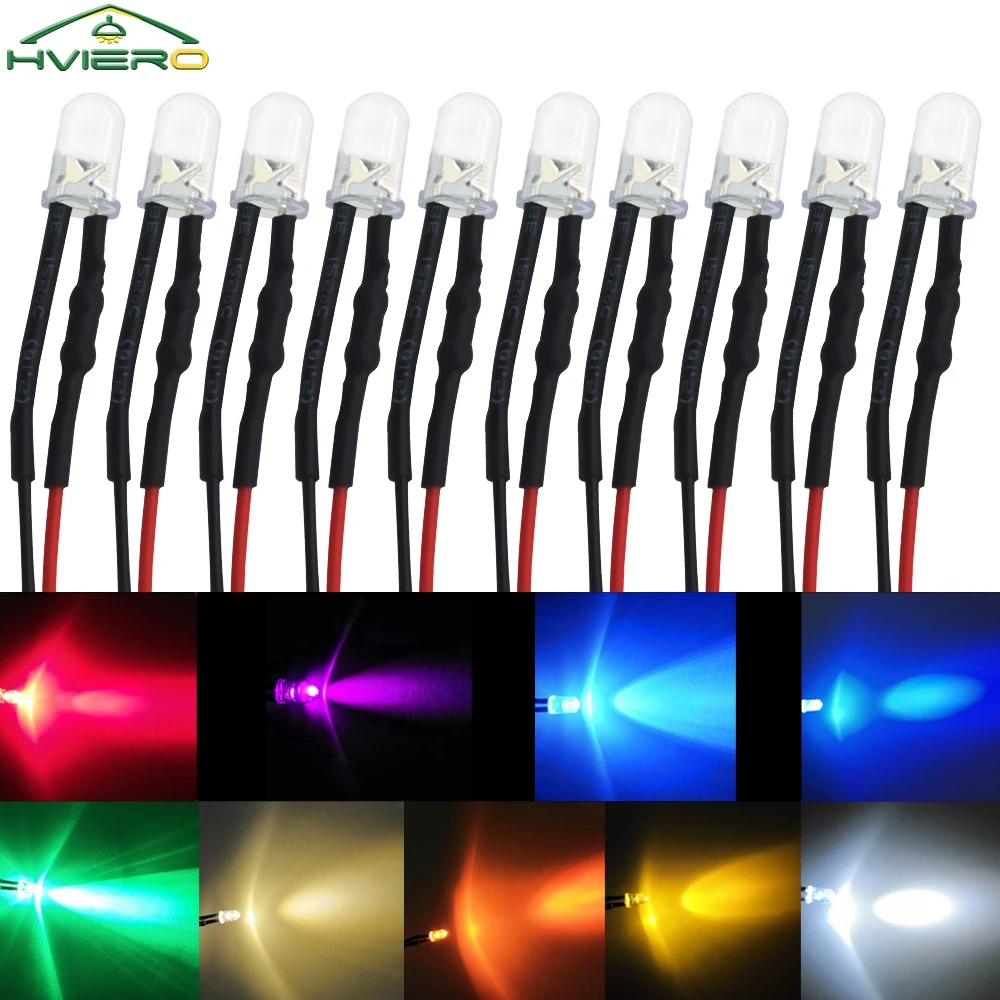 10Pcs 3mm 5mm Round LED 12V 20cm Pre Wired White Blue Yellow Diode Lamps DIY Billboard Decoration Lights Emitting Diodes Bulbs