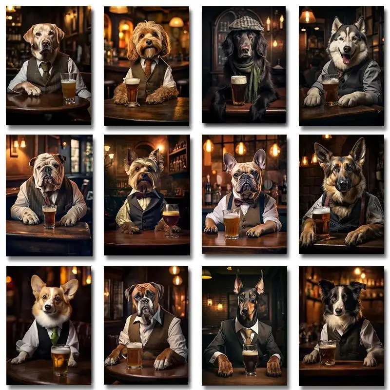 Raças de cães em pub impressão em tela buldogue pug cockapoo yorkie corgi beber cerveja arte da parede cartaz para decoração casa