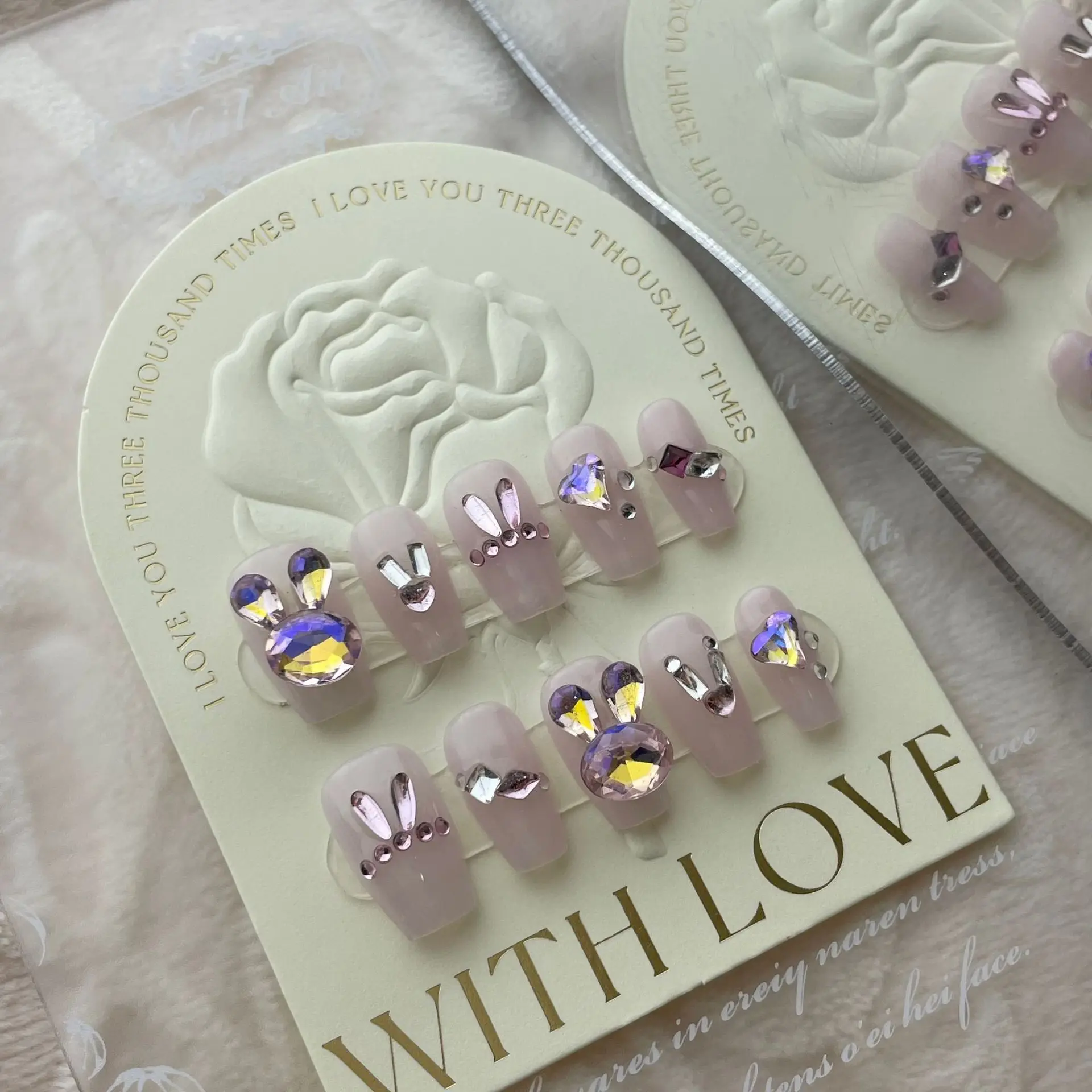 

10 PCS Luxury Handmade Press on Nails Short Trapezoid Moonlight Rabbit Design with 4-PIECE Tool Adhesive Nail Glue Tabs
