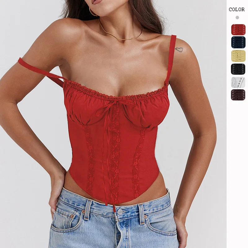 

Summer New Lace Patchwork Tie Sexy European American Top Hot Girl Camisole Vest Women