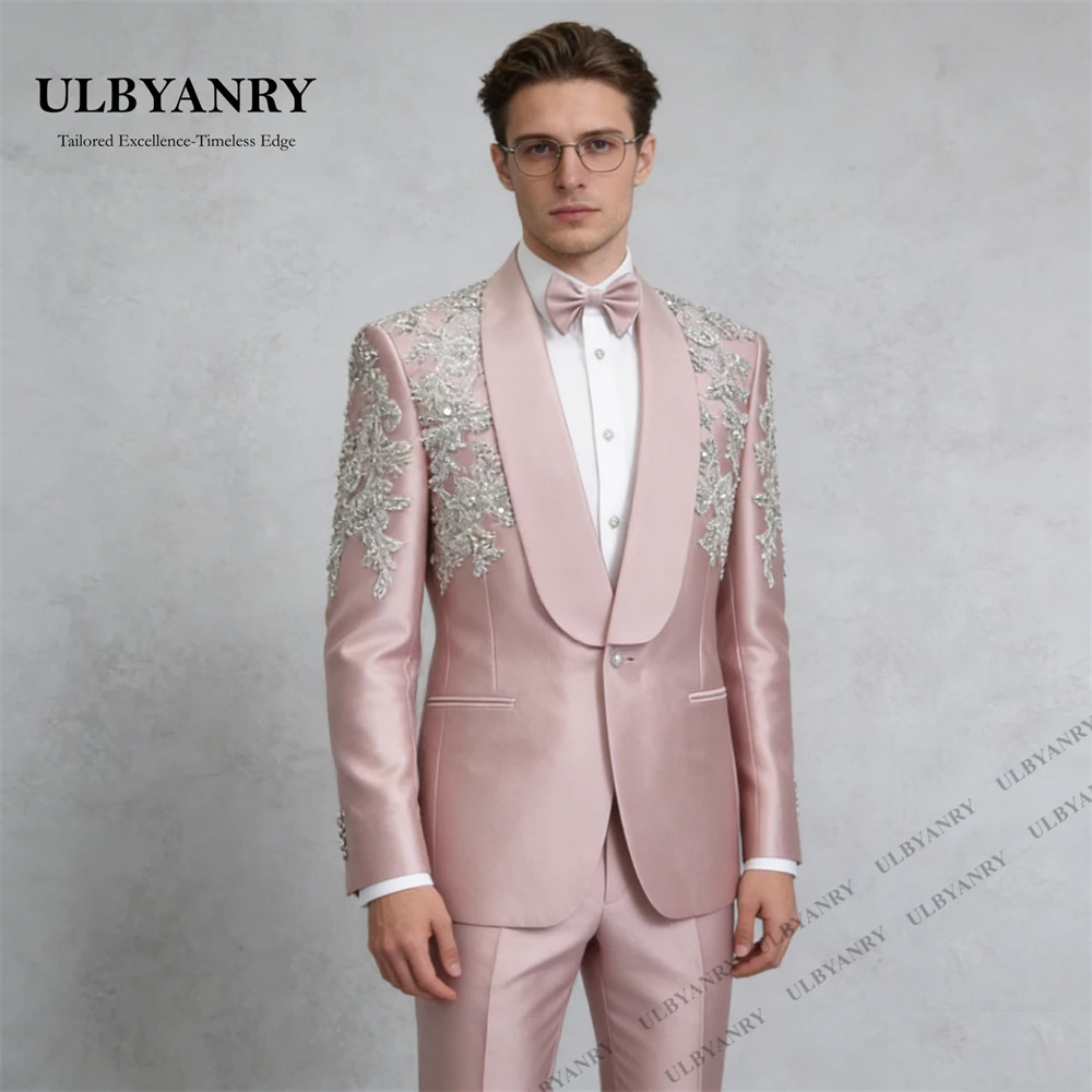 

ULBYANRY Beaded Appliques Satin Groom Suit for Men, Shawl Neck 2-Piece Wedding Suit, XXS-7XL Plus Size Men's Formal Suit Attire