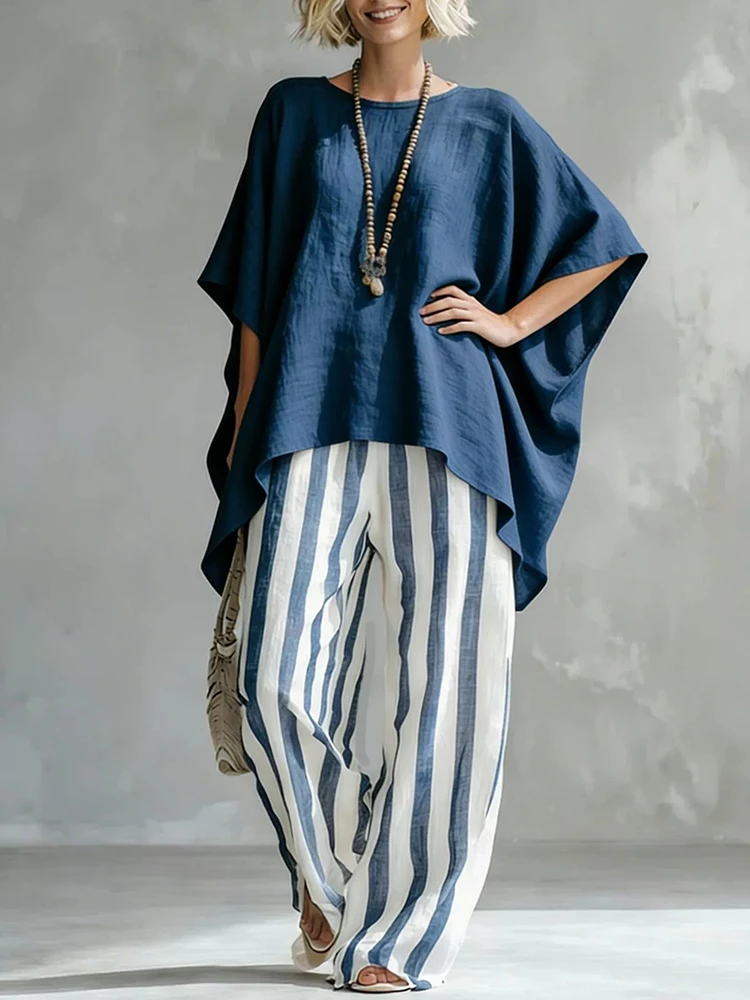 

Модный комплект из 2 предметов: пуловер с круглым вырезом и асимметричным кроем, брюки в полоску, женский повседневный костюм с рукавами «летучая мышь», элегантный комплект из хлопка и льна с длинными брюками