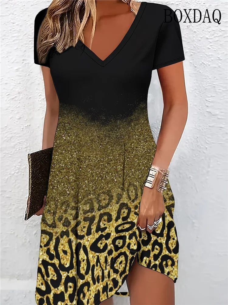 Gradient Leopard Print Dresses For Women 2026 Fashion Plus Size Dress Summer Short Sleeve Loose Clothing Casual V-Neck Dress 6XL