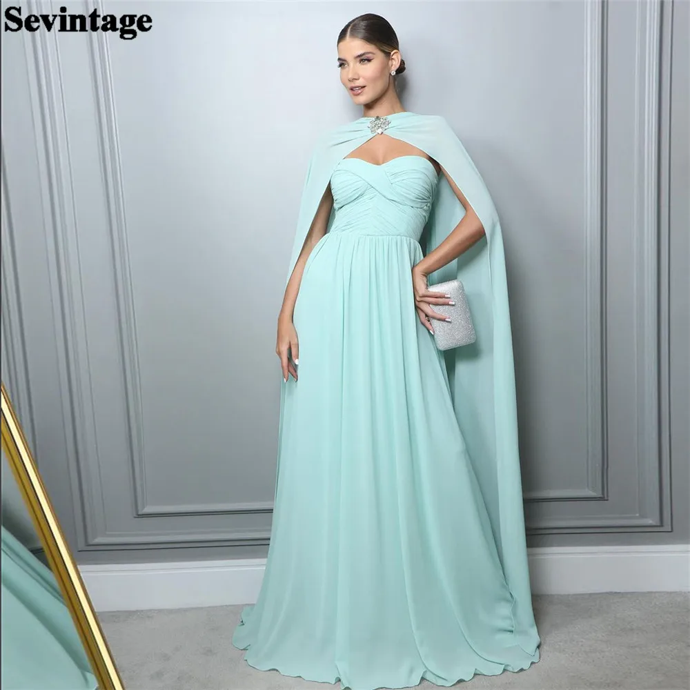 Sevintage Elegante Mintgroene A-Lijn Galajurk Chiffon Strapless Lange Cape Met Ruches En Lange Avondjurk Vestido De Gala