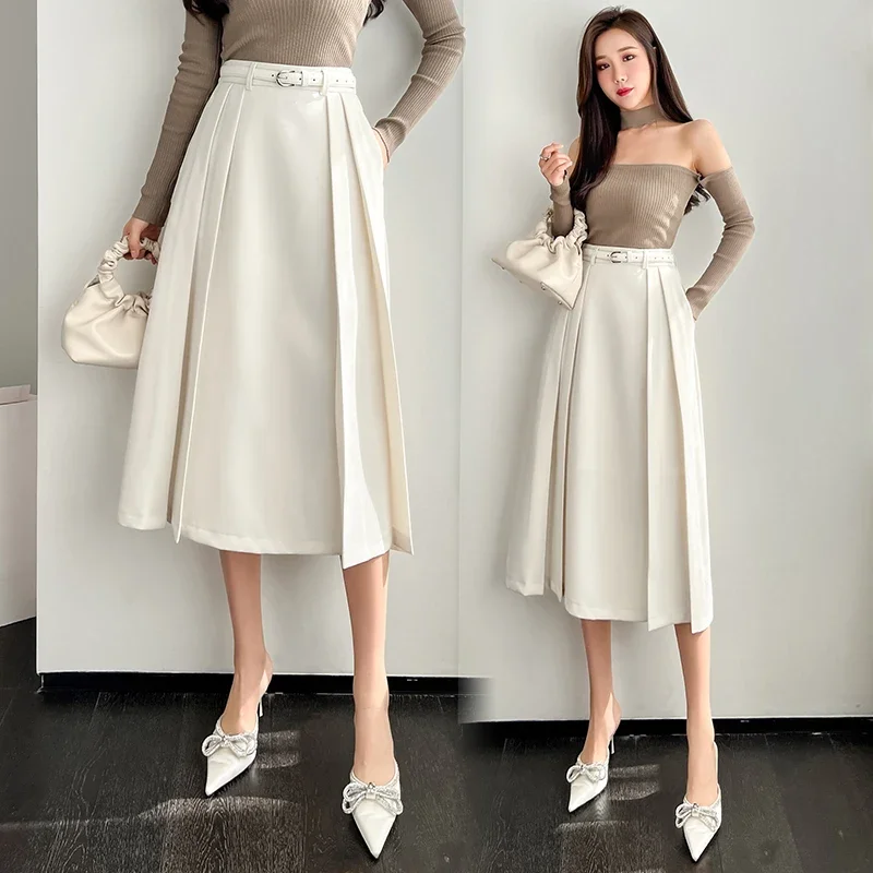 

Skirts Womens 2022 Spring and Summer New High-waisted A-line Large Swing Skirt Waist Belt Pleated Suits Mid-length Long Skirt