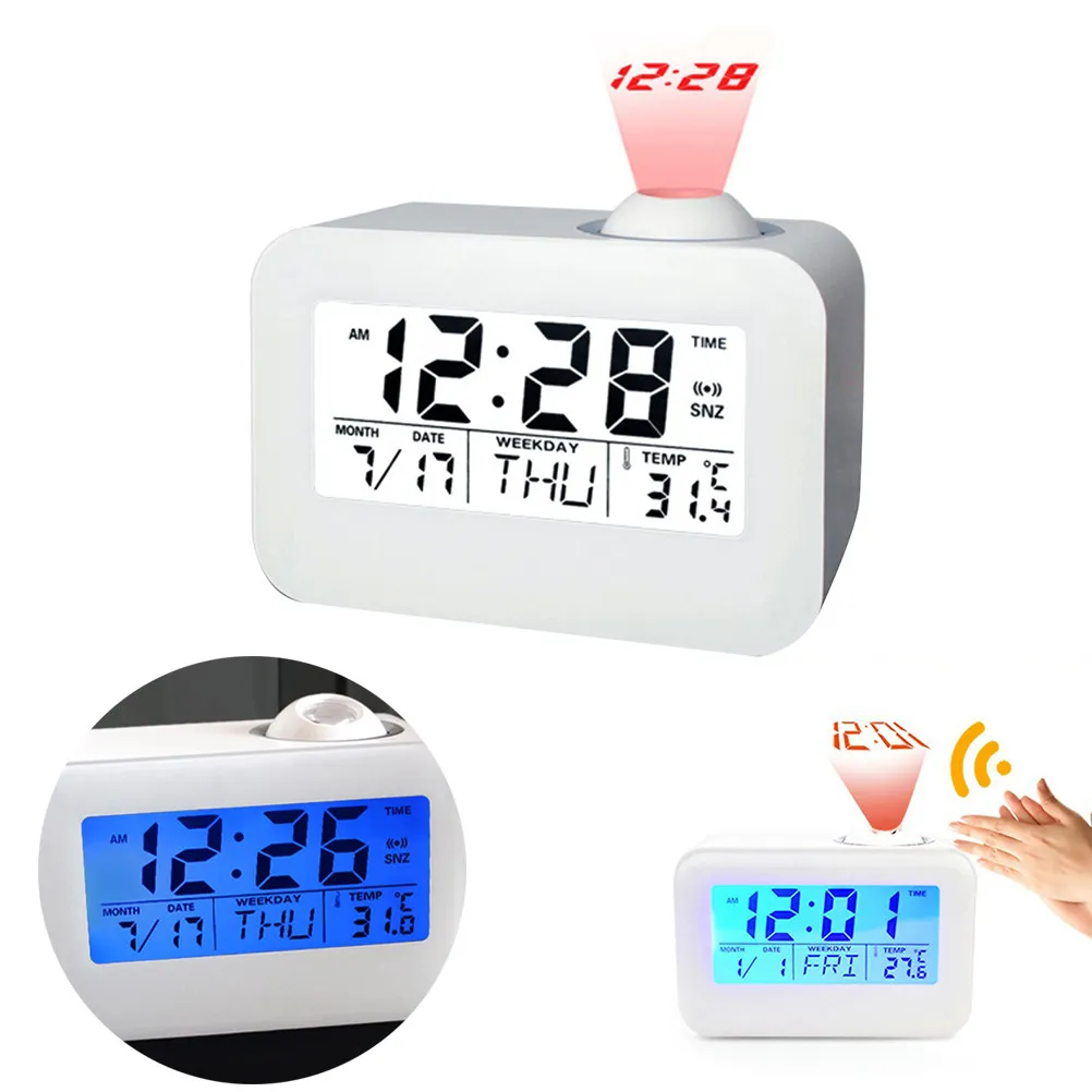 Sound Control Backlight LED Clock Stylish Projection Alarm Calendar Thermometer Snooze Voice Report Night Light Desktop Wall