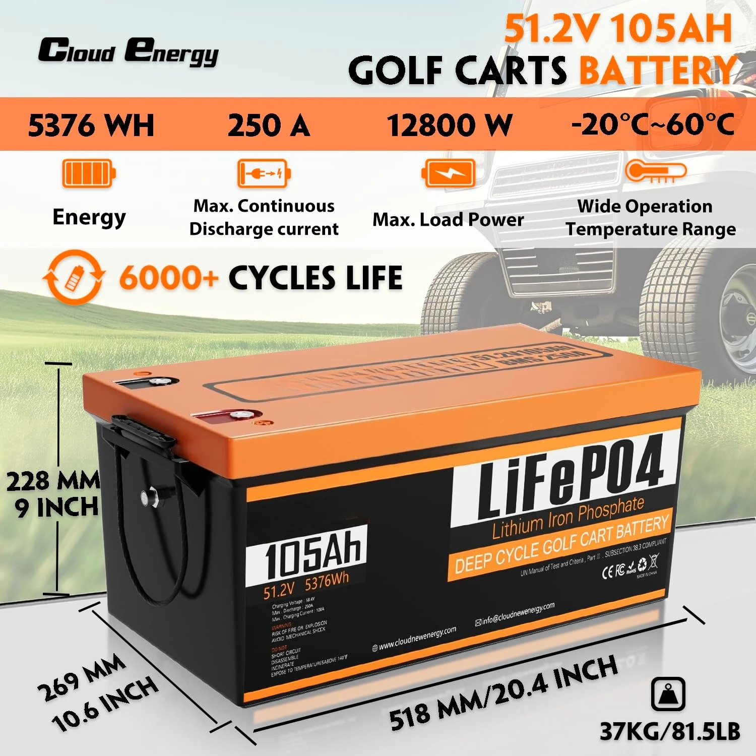 48V(51.2V) 105Ah LiFePO4 Lithium Golf Cart Battery Built-in 250A BMS,with Mobile APP,Touch Monitor and retention, Customized