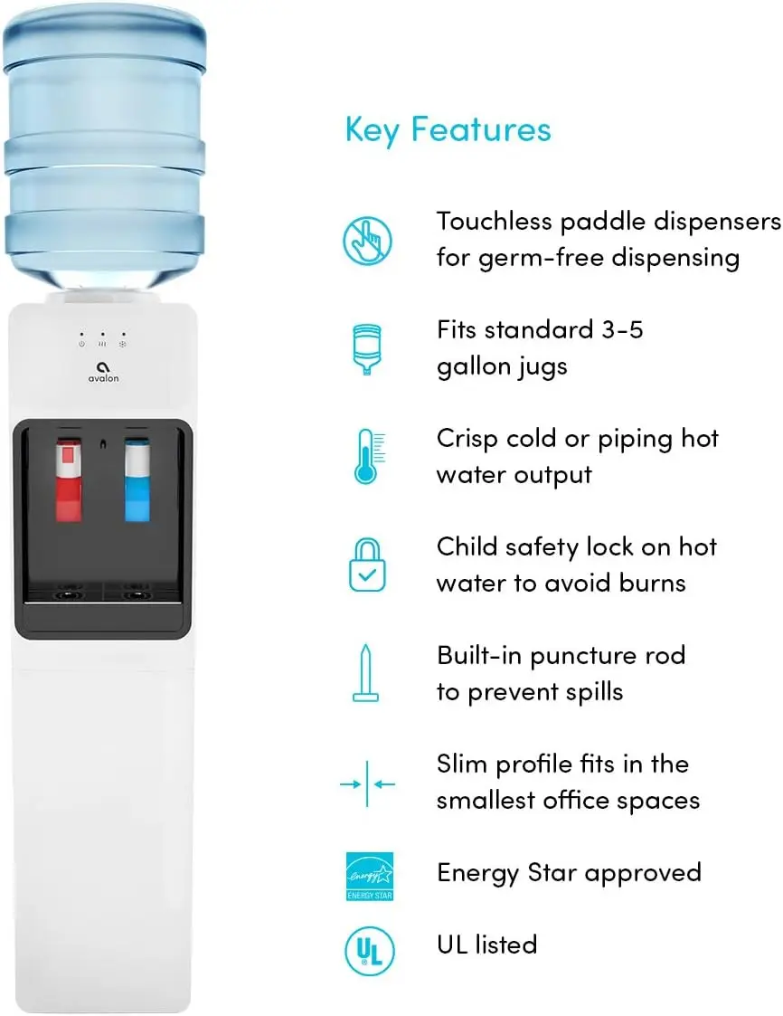 Distributeur d'Eau Chaude et Froide, Dispositif de Sécurité pour Enfant, Design Slim Innovant, Contient 3 ou 5 Gallons, Liste HI-UL