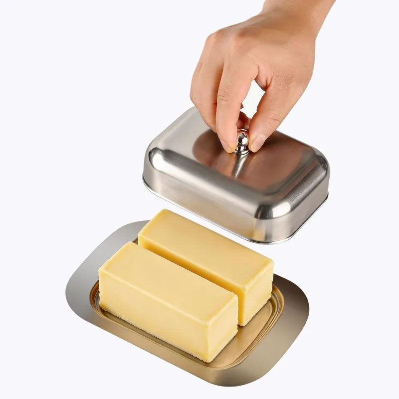 Plato para Queso y Mantequilla de Acero Inoxidable, Contenedor Moderno para Queso y Pan, Plato para Mantequilla Francés con Asa y Tapa Fácil de Sostener