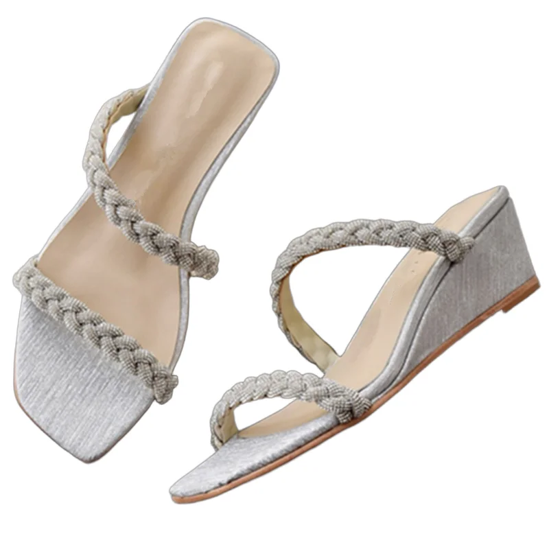 

Withered Minimalist Rhinestone Woven lLeather Sandals Slope High Heel Slippers For Women Office Ladies Comfortable Shoes