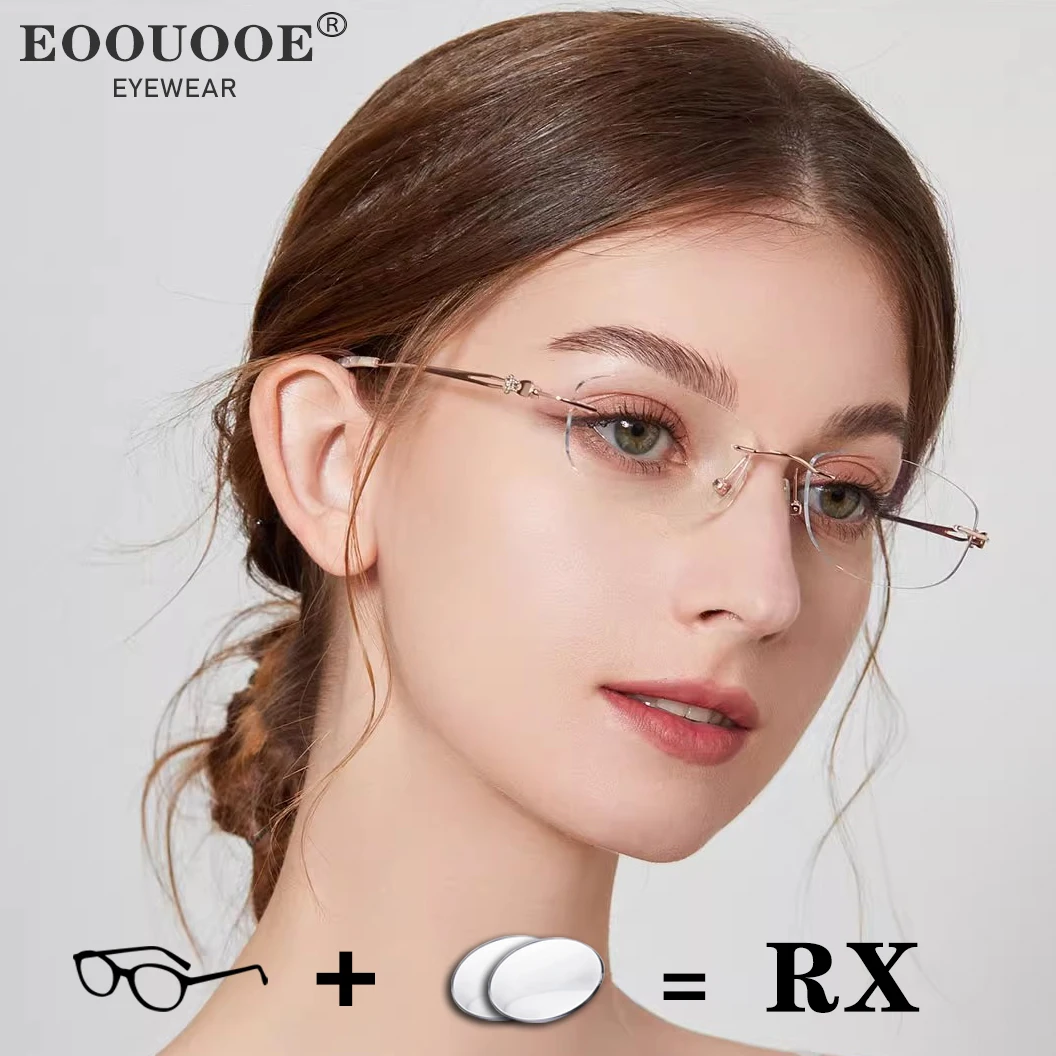 Pure Titanium Rimless Glasses Women Optical Eyewear Customize Prescription Myopia Reading 1.61MR-8 Lenses Computer Eyegalss