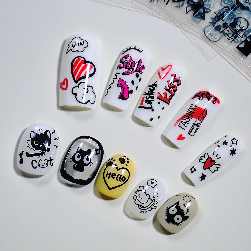 30 Uds. De pegatinas para uñas de animales con grafiti bonito, diseños de perros y gatos de dibujos animados, deslizadores para decoración de uñas, calcomanía autoadhesiva para uñas con letras Punk