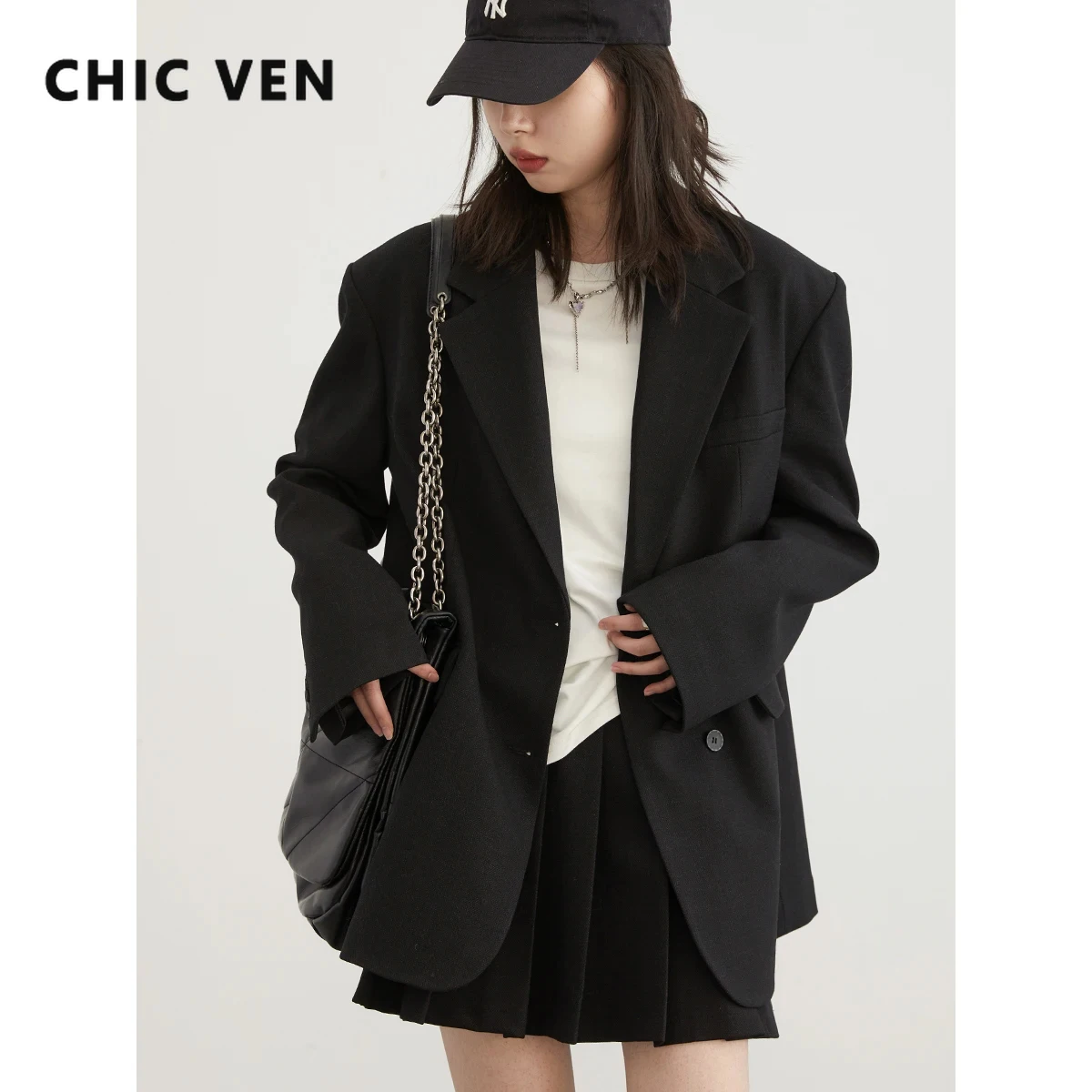 CHIC VEN Women Blazer Solid Single Breasted New Texture Loose Casual Ladies Coat Female Pleats Short Skirt Spring Autumn 2024