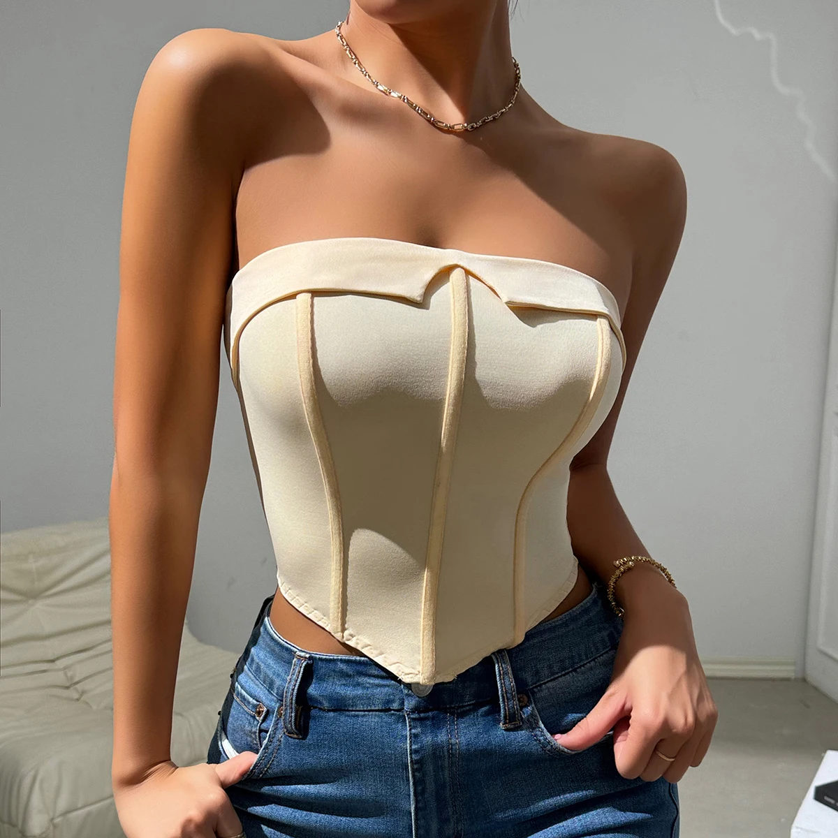 Elegant Sleeveless Tube Tops Womens Strapless Corset Crop Top Sexy Lingerie Tank Top Summer Party Vest Fashion Slim Fit Camisole