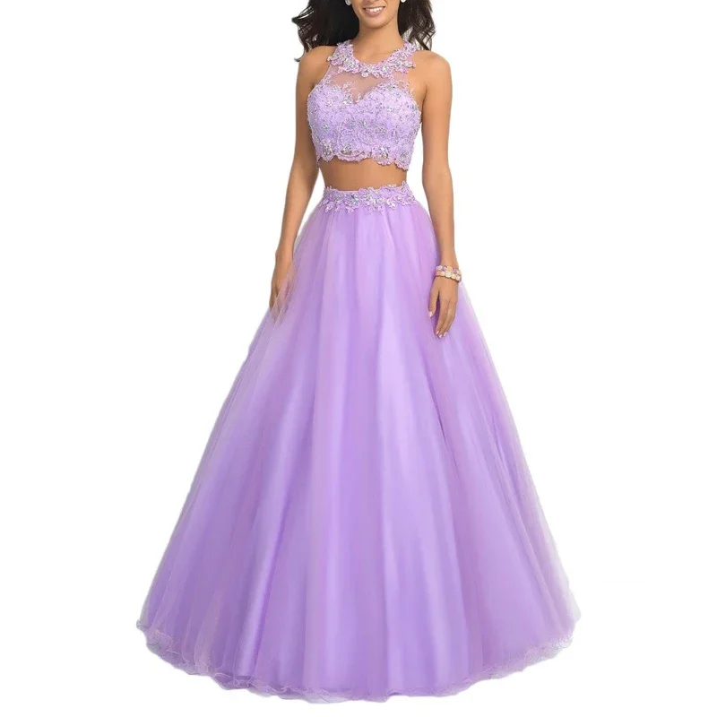 Two Piece Prom Dresses Halter Princess Tulle Homecoming Dress Long Lace Appliques Crystal Evening Party Gowns vestidos de fiesta