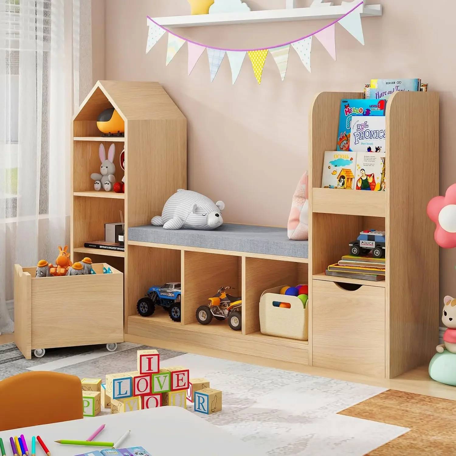 with Reading Nook, Oak Bookcase with 7 Storage Cubbies 2 Movable Drawers, Bookcase with Seat Cushion for Toy Storage Organizer C