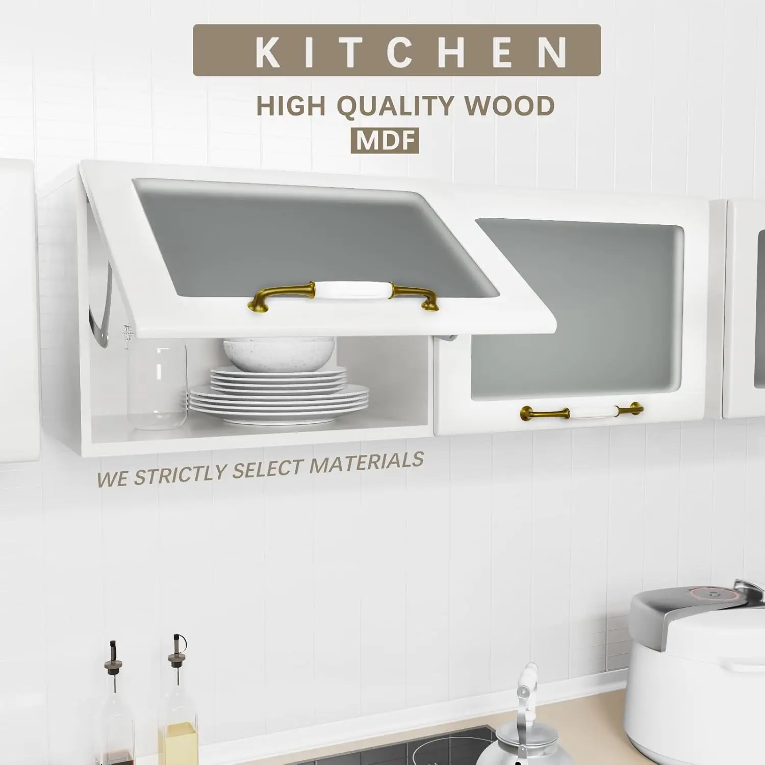 

White Wall Mounted Cabinet, Over Toilet Bathroom Storage with 2 Acrylic Hinge Doors, Glass Wall Cabinet for Kitchen Home