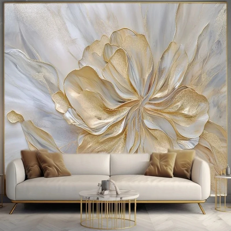 Custom Large Size Modern Simple 3D Golden Flowers Art Mural Wallpaper for Bedroom Living Room TV Wall Non-woven Paper Fresco