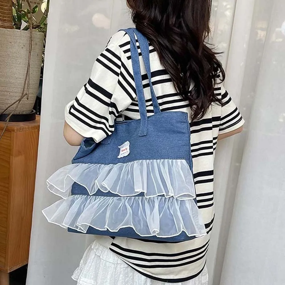 

Portable Denim Blue Tote Bag Korean Style Large Capacity Denim Lace Handbag Versatile Magnetic Button Commuting Shoulder Pouch