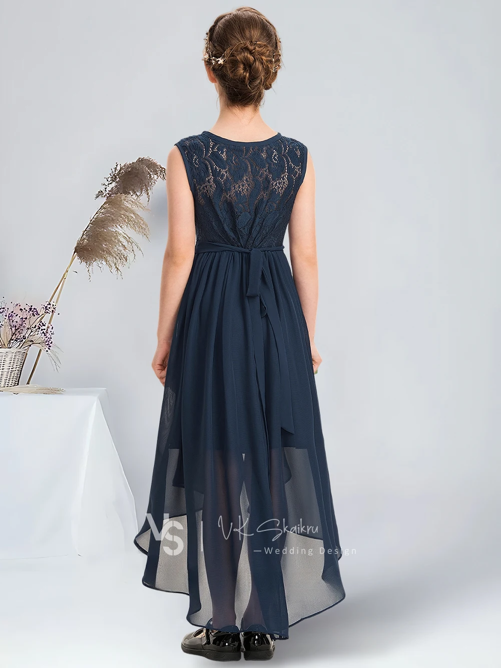 A-line Scoop Asymmetrical Chiffon Lace Junior Bridesmaid Dress With Bow Cascading Ruffles Black Flower Girl Dress for Wedding