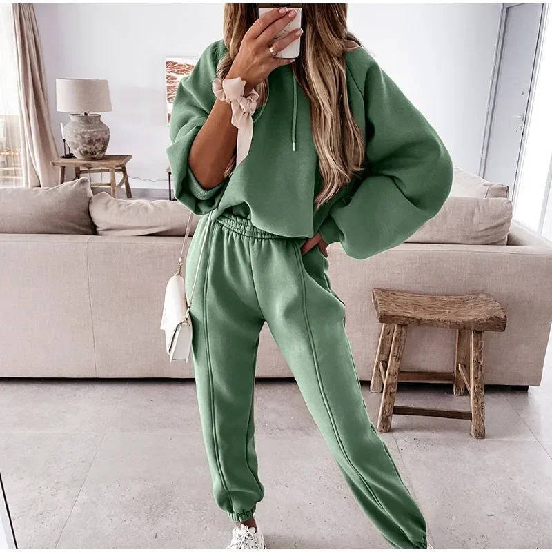 Autumn Winter Women Sports Casual Hooded Hoodie and Pants Set Two Piece Long Sleeve Pullover Hoodies Women Joggers Pants Sets