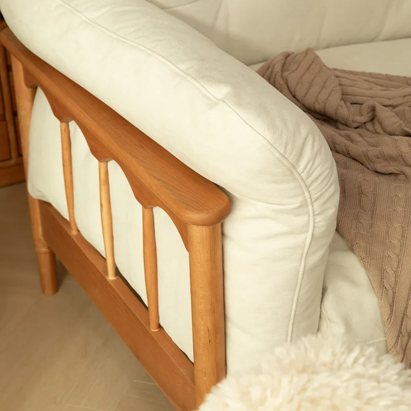 

Japanese-style all solid wood, sofa log cream cherry wood, Nordic simple small apartment, fabric technology cloth sofa