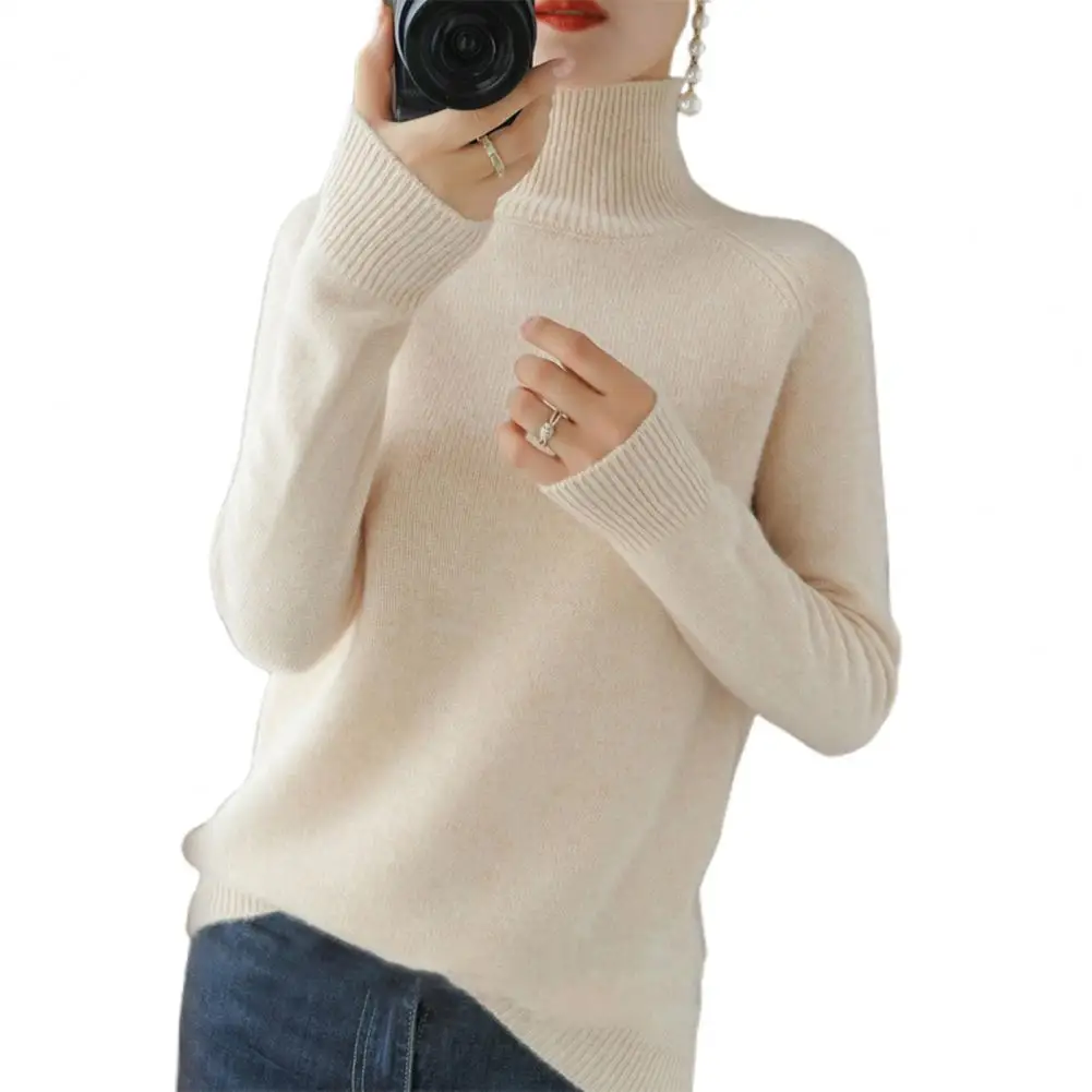 Crochet Knit Sweater Cozy Ribbed Trim High Collar Women's Sweater Long Sleeve Knit Top Solid Color Loose Fit Bottoming Sweater