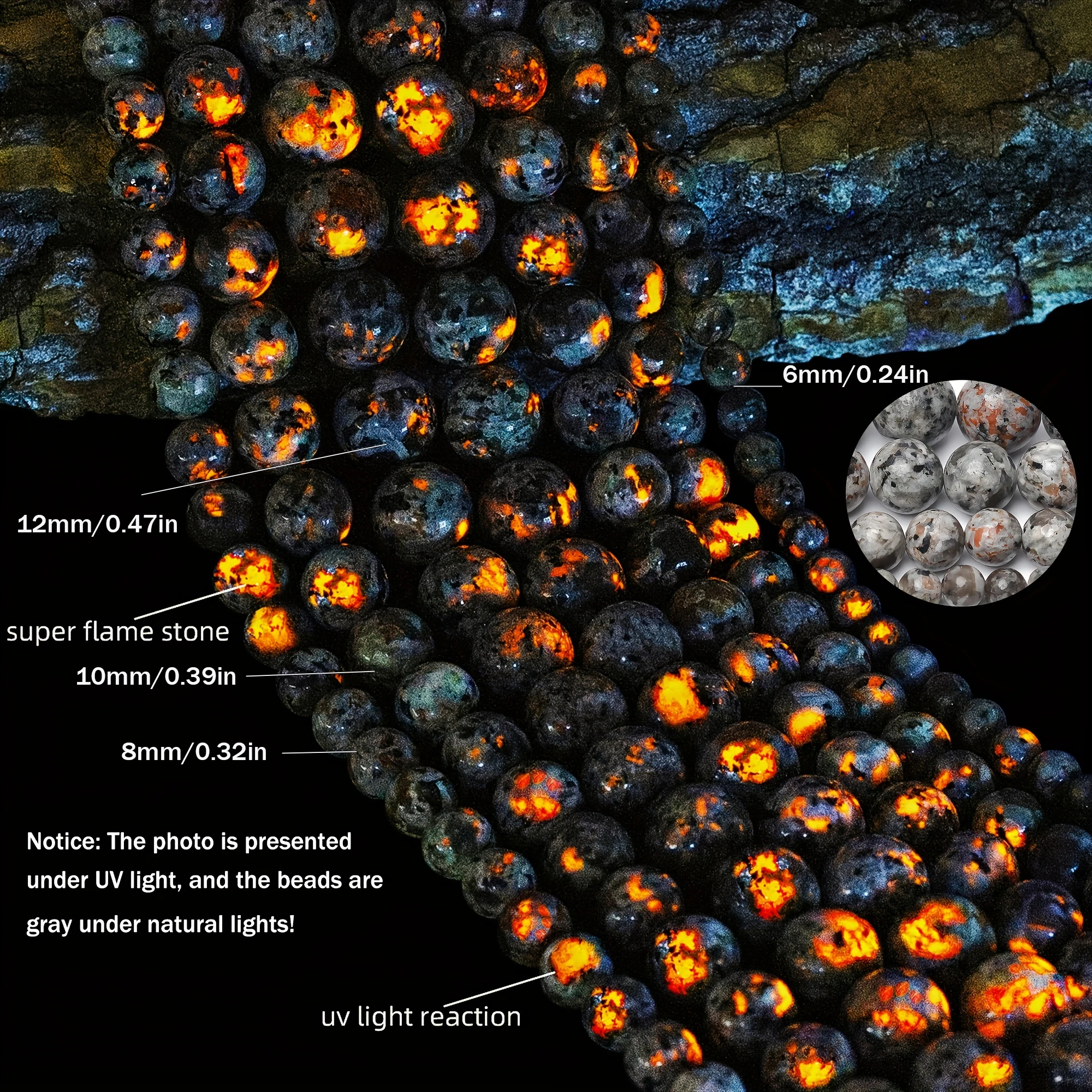 6-12 مللي متر اليوبيرليت الطبيعي توهج حجر الأشعة فوق البنفسجية ضوء رد الفعل Syenite لهب الخرز فضفاض خزر عازل لصنع المجوهرات أساور يدوية #3