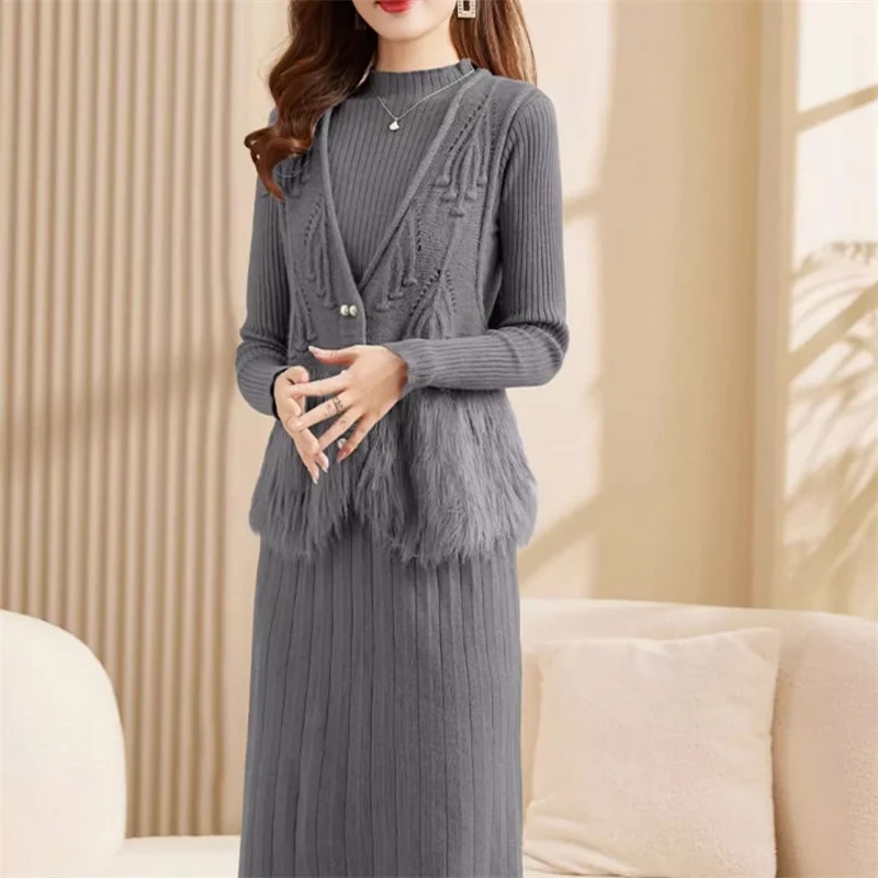 High End Temperament Woolen Sweater Set, Women\'s Autumn Winter Knitted Dress Medium Length Two-piece Vest With Bottom Wool Dress